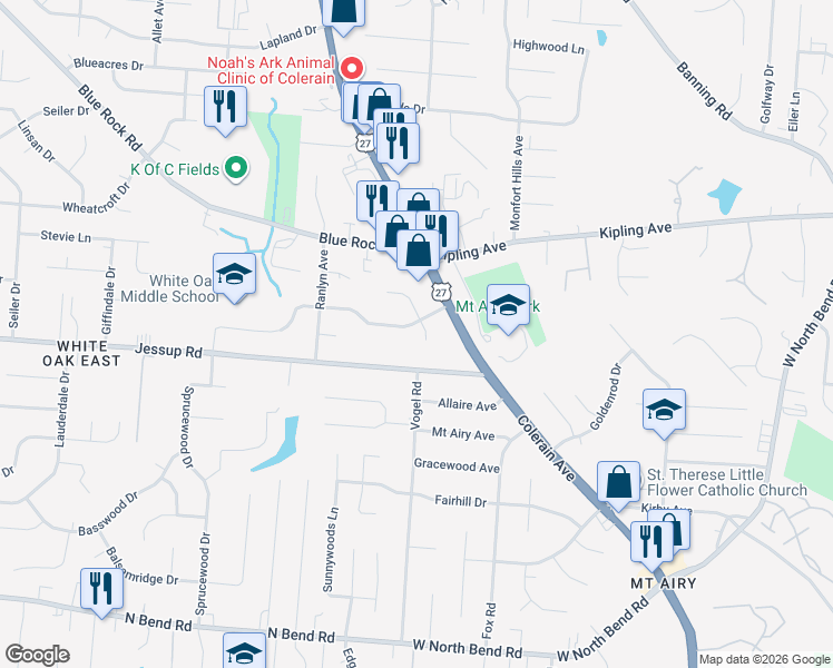 map of restaurants, bars, coffee shops, grocery stores, and more near 5743 Wielert Avenue in Cincinnati