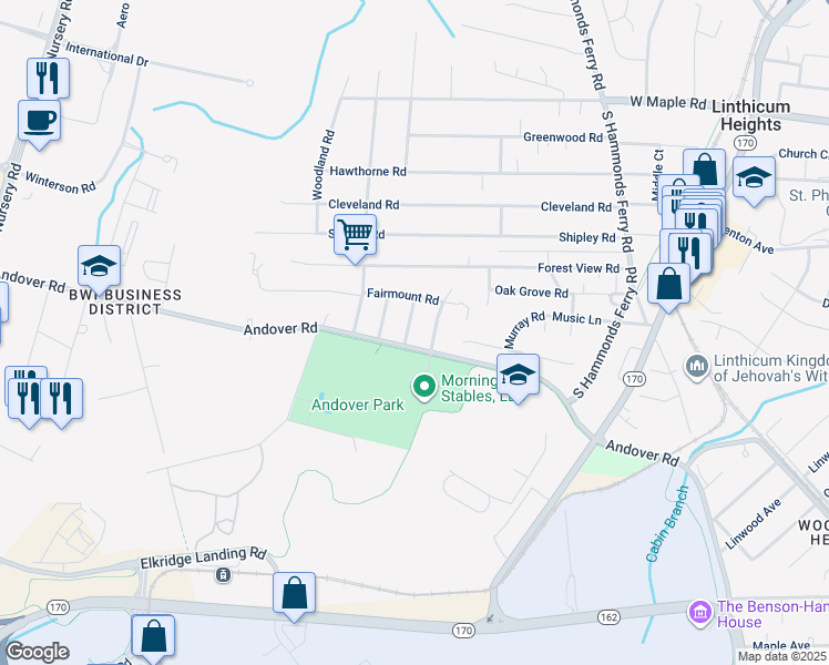 map of restaurants, bars, coffee shops, grocery stores, and more near 6589 Englewood Road in Linthicum Heights
