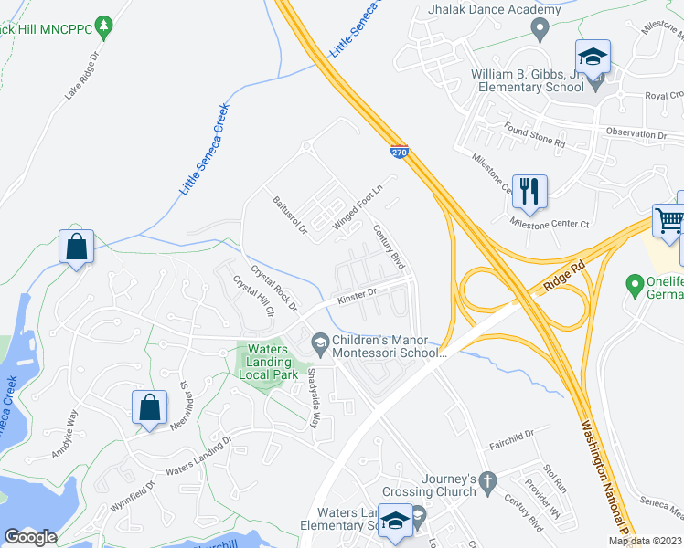 map of restaurants, bars, coffee shops, grocery stores, and more near 13203 Astoria Hill Court in Germantown