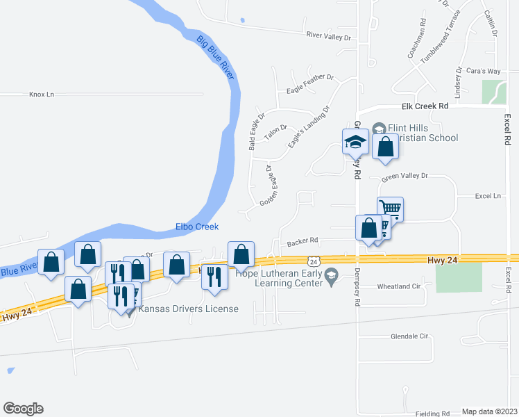 map of restaurants, bars, coffee shops, grocery stores, and more near 3909 Golden Eagle Drive in Manhattan