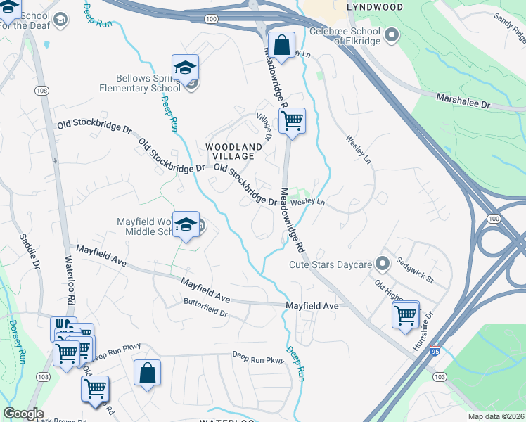 map of restaurants, bars, coffee shops, grocery stores, and more near 7653 Blueberry Hill Lane in Ellicott City