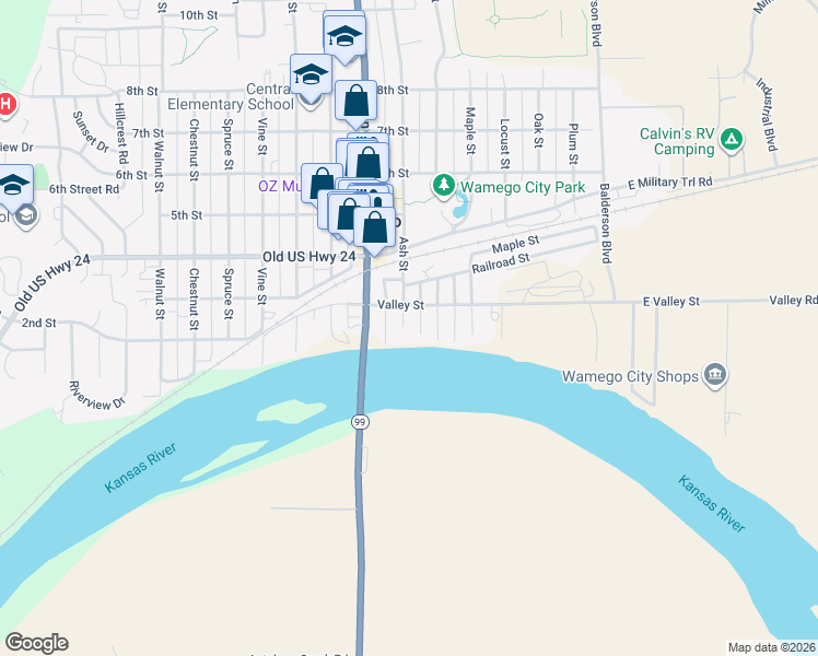 map of restaurants, bars, coffee shops, grocery stores, and more near 202 Ash St in Wamego