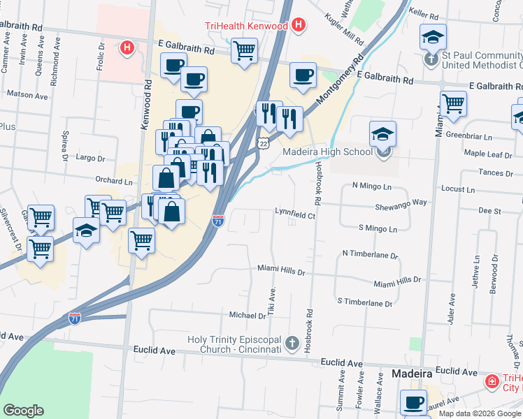 map of restaurants, bars, coffee shops, grocery stores, and more near 2850 Campus Way in Cincinnati