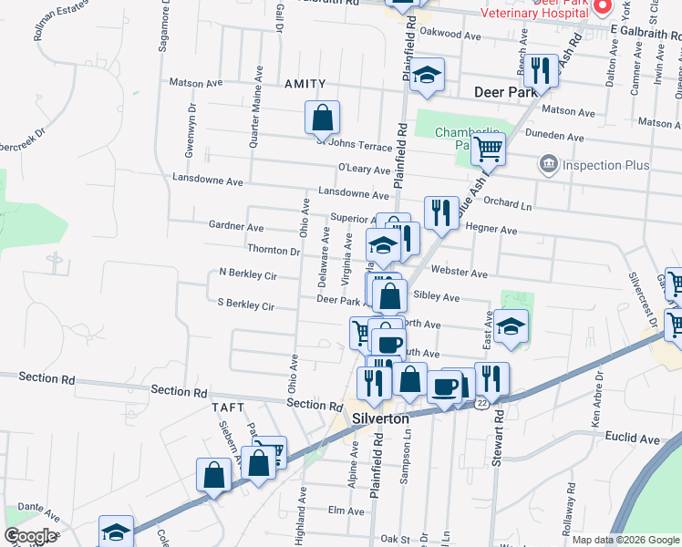 map of restaurants, bars, coffee shops, grocery stores, and more near 7106 Virginia Avenue in Cincinnati
