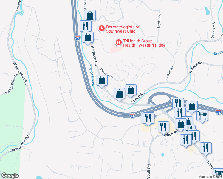 map of restaurants, bars, coffee shops, grocery stores, and more near 6801 Harrison Avenue in Cincinnati