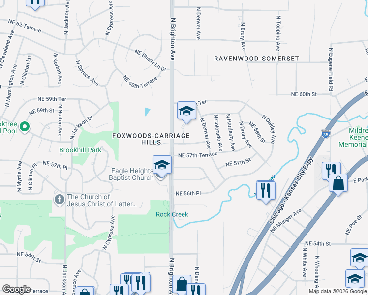 map of restaurants, bars, coffee shops, grocery stores, and more near 5025 Northeast 57th Terrace in Kansas City