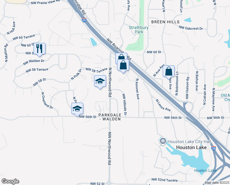 map of restaurants, bars, coffee shops, grocery stores, and more near 5629 North Strathbury Avenue in Kansas City