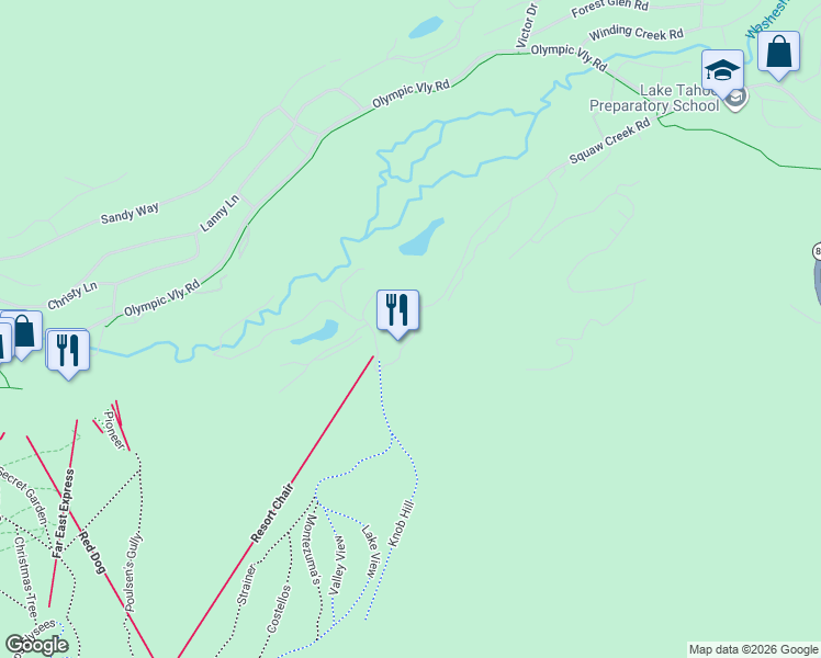 map of restaurants, bars, coffee shops, grocery stores, and more near Unnamed Road in Olympic Valley