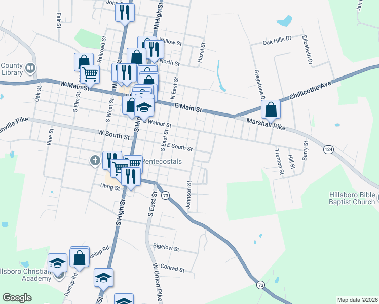 map of restaurants, bars, coffee shops, grocery stores, and more near 316 Johnson Street in Hillsboro