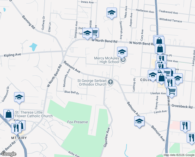 map of restaurants, bars, coffee shops, grocery stores, and more near 5831 Glenview Avenue in Cincinnati