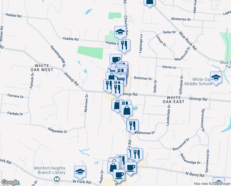 map of restaurants, bars, coffee shops, grocery stores, and more near Jessup Rd & Cheviot Rd in White Oak West