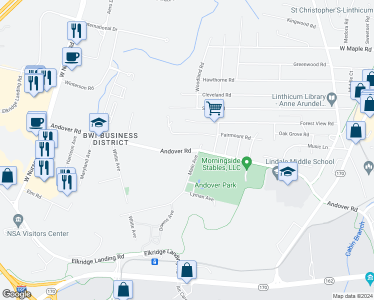 map of restaurants, bars, coffee shops, grocery stores, and more near 706 Andover Road in Linthicum Heights