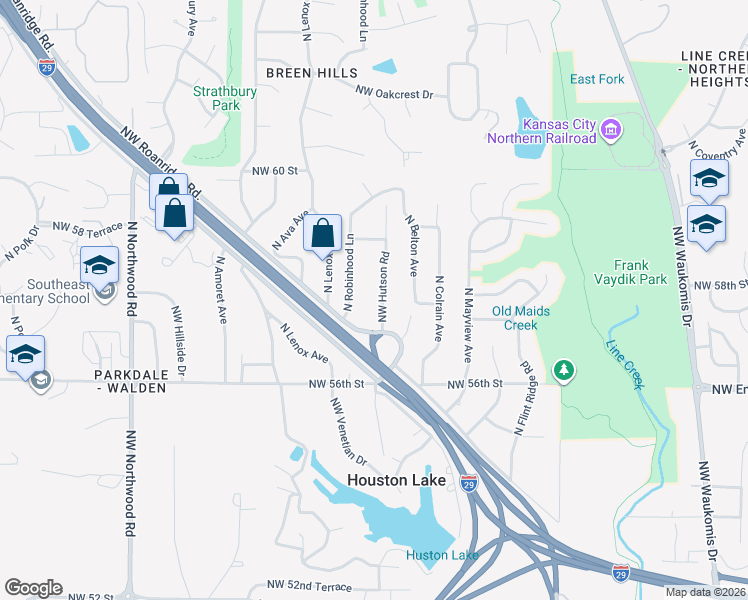 map of restaurants, bars, coffee shops, grocery stores, and more near 5724 North Hutsord Road in Kansas City