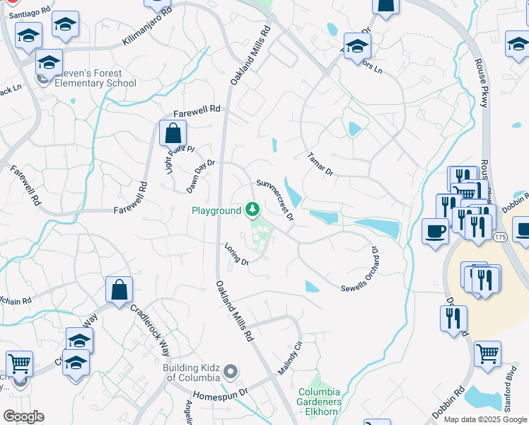 map of restaurants, bars, coffee shops, grocery stores, and more near 6329 Sunhigh Place in Columbia