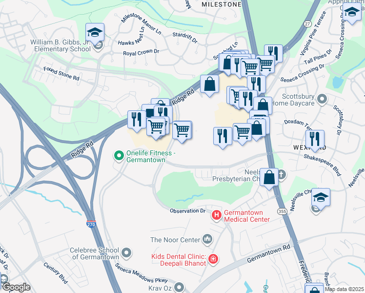 map of restaurants, bars, coffee shops, grocery stores, and more near 20910 Frederick Road in Germantown