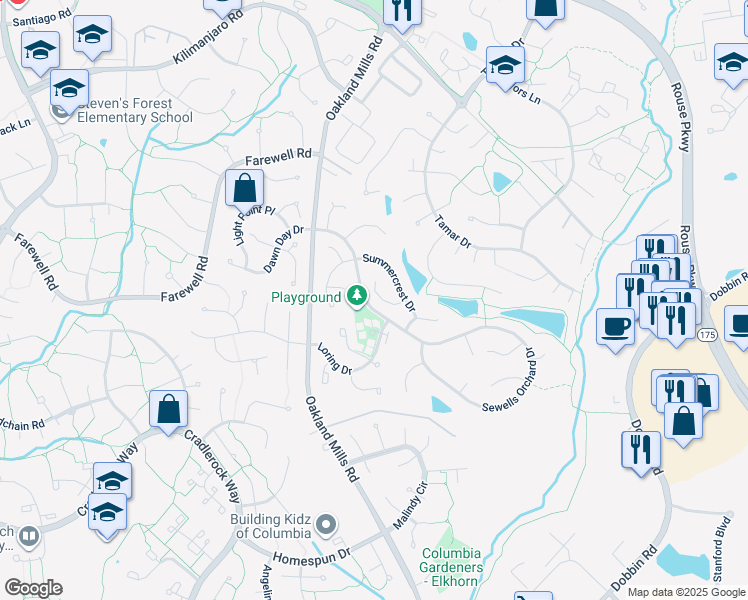 map of restaurants, bars, coffee shops, grocery stores, and more near 6329 Sunhigh Place in Columbia