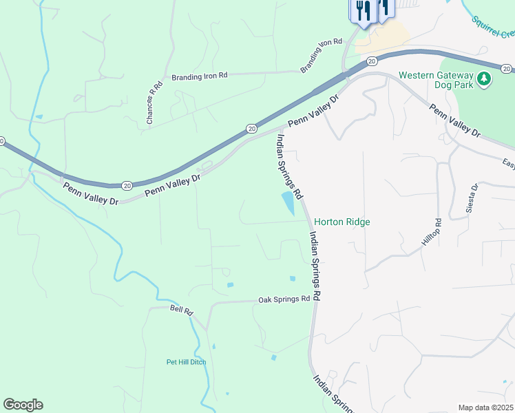 map of restaurants, bars, coffee shops, grocery stores, and more near 19181 Indian Springs Road in Penn Valley
