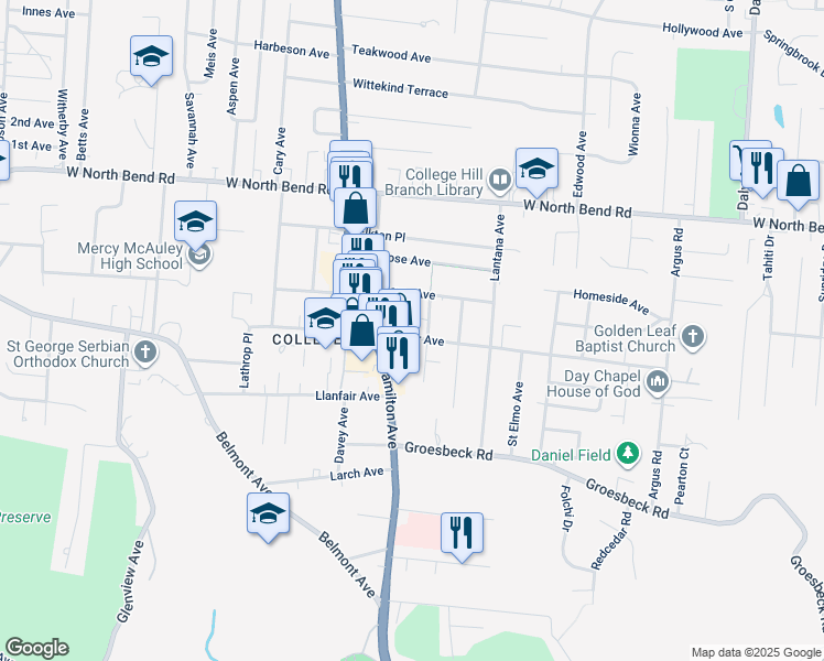 map of restaurants, bars, coffee shops, grocery stores, and more near 1510 Cedar Avenue in Cincinnati