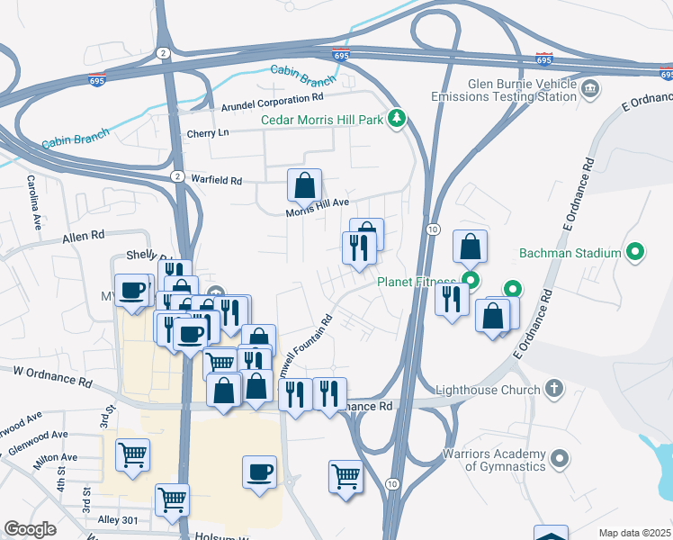 map of restaurants, bars, coffee shops, grocery stores, and more near 6506 Eiderdown Court in Glen Burnie