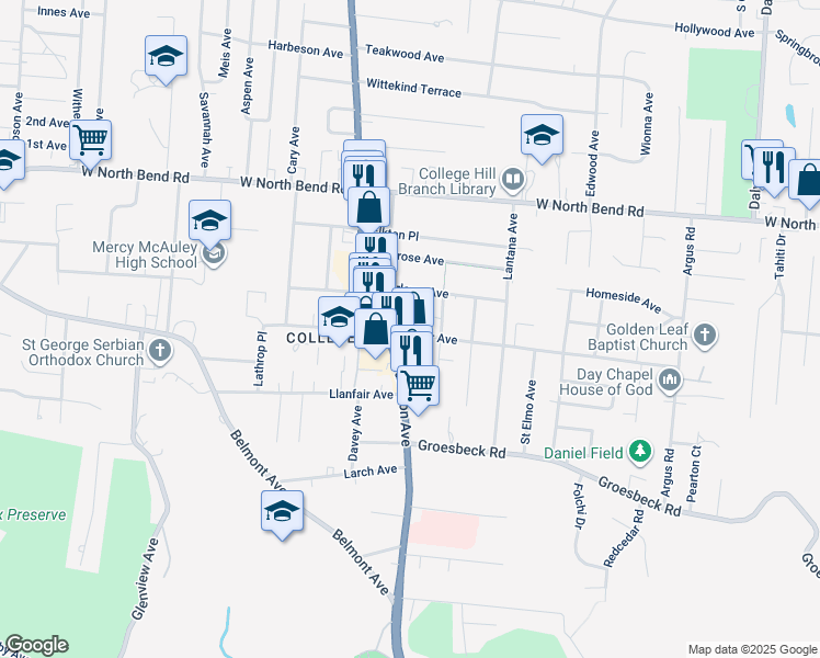map of restaurants, bars, coffee shops, grocery stores, and more near 1537 Marlowe Avenue in Cincinnati