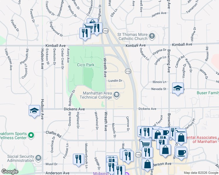 map of restaurants, bars, coffee shops, grocery stores, and more near 3139 Lundin Drive in Manhattan