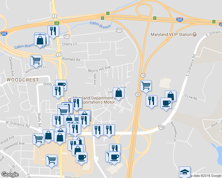 map of restaurants, bars, coffee shops, grocery stores, and more near 6506 Eiderdown Court in Glen Burnie