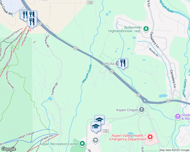 map of restaurants, bars, coffee shops, grocery stores, and more near 55 Pyramid Road in Aspen