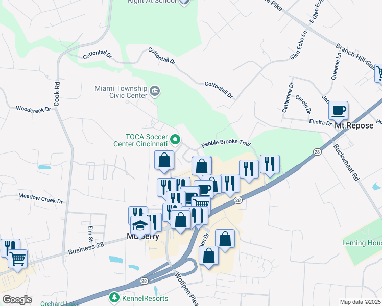 map of restaurants, bars, coffee shops, grocery stores, and more near 1279 Pebble Brooke Trail in Milford