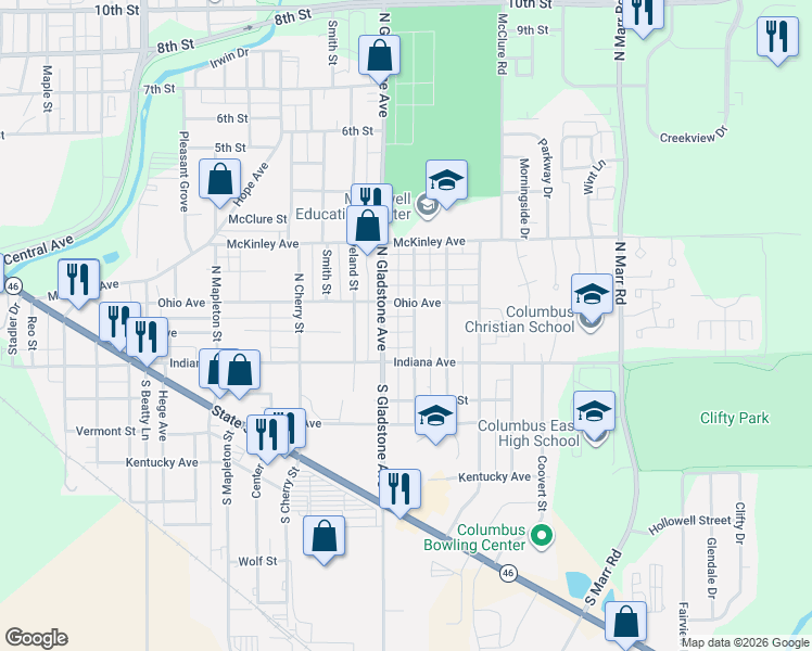 map of restaurants, bars, coffee shops, grocery stores, and more near 161 North Ross Street in Columbus