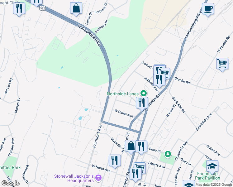 map of restaurants, bars, coffee shops, grocery stores, and more near 713 Pennsylvania Avenue in Winchester