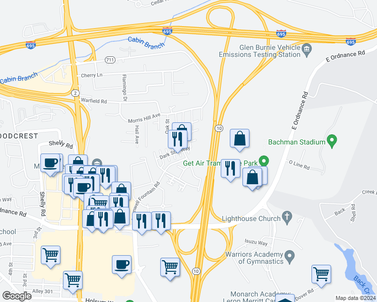 map of restaurants, bars, coffee shops, grocery stores, and more near 6605 Rumfire Court in Glen Burnie