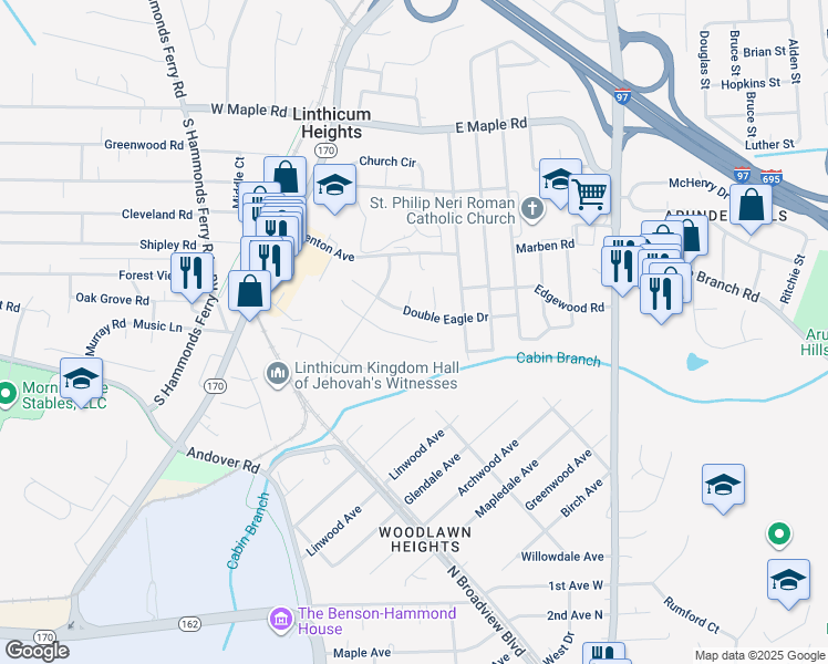 map of restaurants, bars, coffee shops, grocery stores, and more near 312 Silky Oak Court in Linthicum Heights