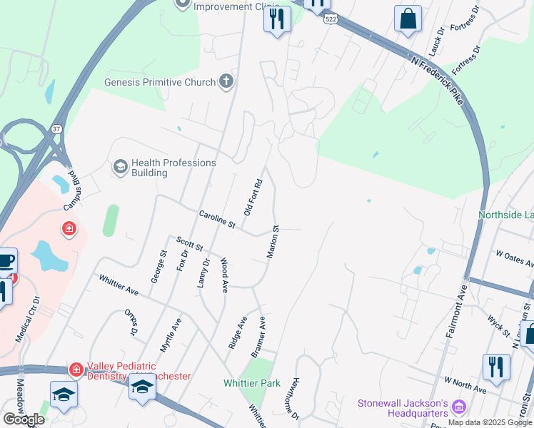 map of restaurants, bars, coffee shops, grocery stores, and more near 509 Marion Street in Winchester