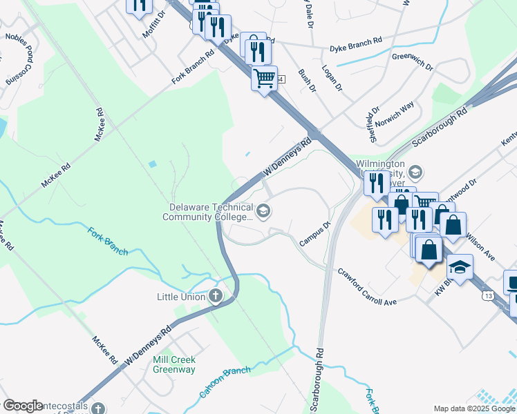 map of restaurants, bars, coffee shops, grocery stores, and more near Campus Drive in Dover