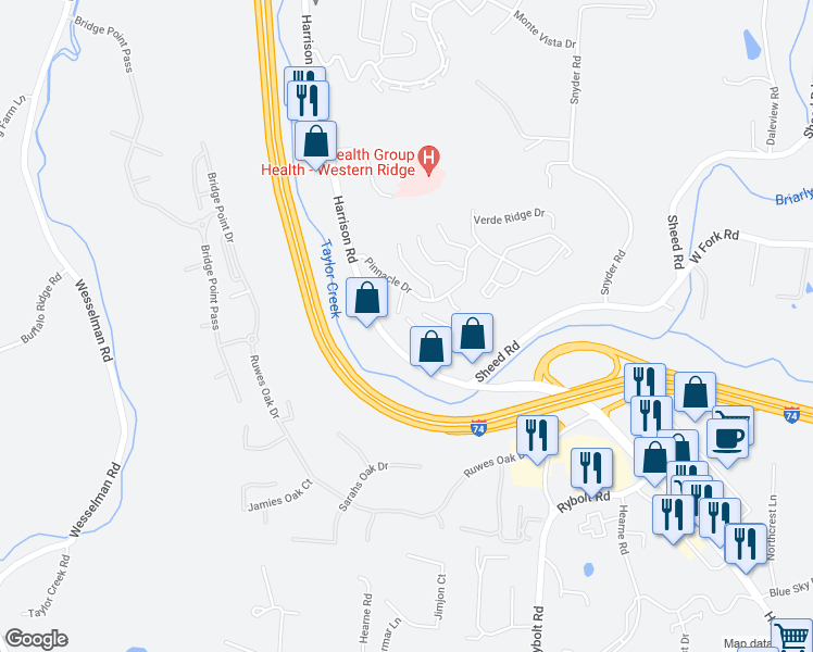 map of restaurants, bars, coffee shops, grocery stores, and more near 6782 Harrison Avenue in Cincinnati