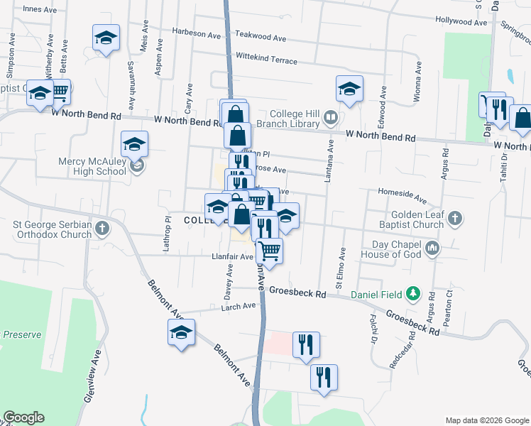 map of restaurants, bars, coffee shops, grocery stores, and more near 1537 Marlowe Avenue in Cincinnati