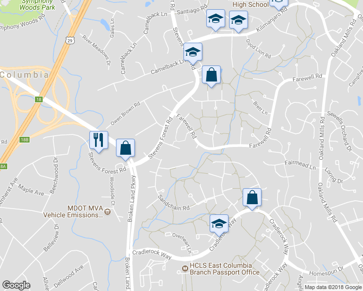 map of restaurants, bars, coffee shops, grocery stores, and more near 6239 Parallel Lane in Columbia