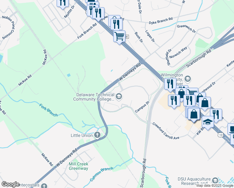map of restaurants, bars, coffee shops, grocery stores, and more near North Delaware Tech Drive in Dover