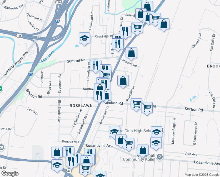 map of restaurants, bars, coffee shops, grocery stores, and more near 7605 Reading Road in Cincinnati