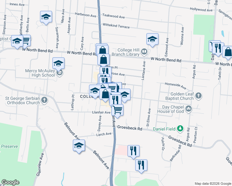 map of restaurants, bars, coffee shops, grocery stores, and more near 1537 Marlowe Avenue in Cincinnati