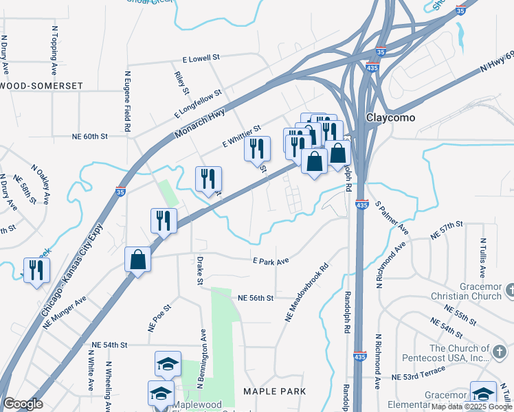 map of restaurants, bars, coffee shops, grocery stores, and more near 333 South Bryant Street in Kansas City