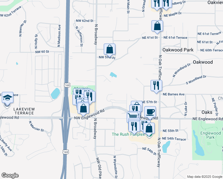 map of restaurants, bars, coffee shops, grocery stores, and more near 205 Northwest 59th Street in Kansas City