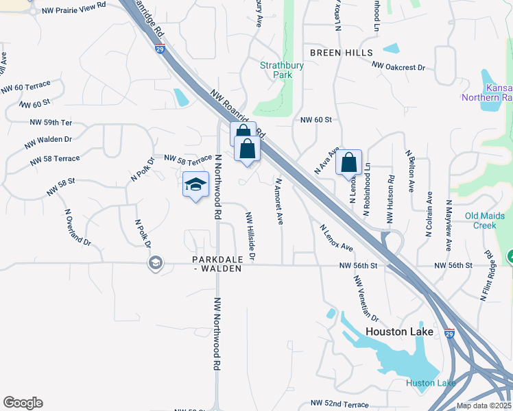 map of restaurants, bars, coffee shops, grocery stores, and more near 5742 North Amoret Avenue in Kansas City