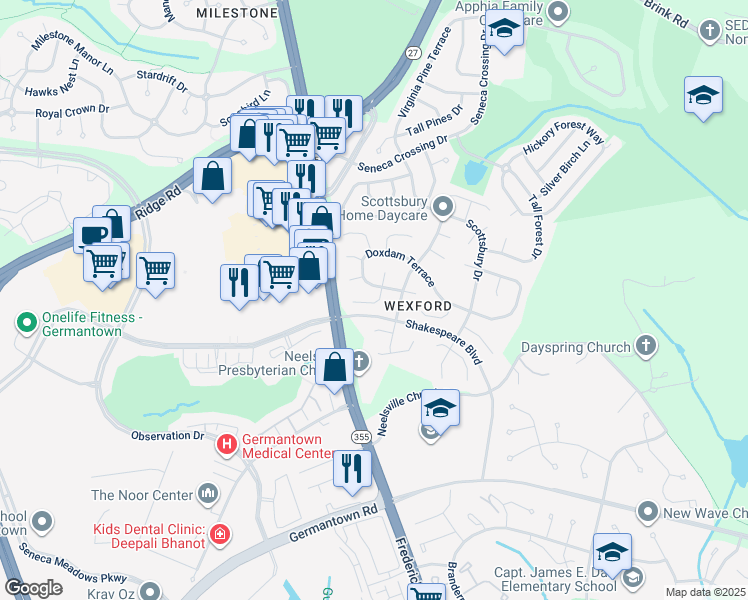 map of restaurants, bars, coffee shops, grocery stores, and more near 20828 Severndale Terrace in Germantown