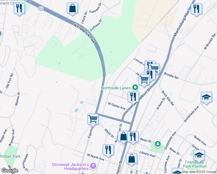 map of restaurants, bars, coffee shops, grocery stores, and more near 713 Pennsylvania Avenue in Winchester