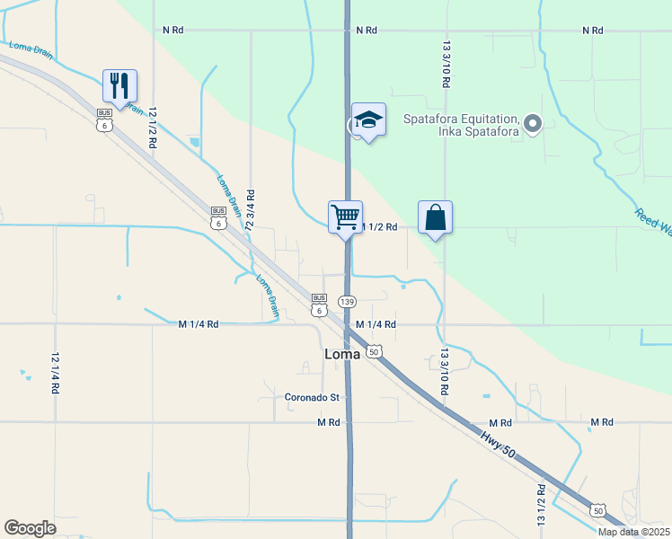 map of restaurants, bars, coffee shops, grocery stores, and more near 1341 13 Road in Loma
