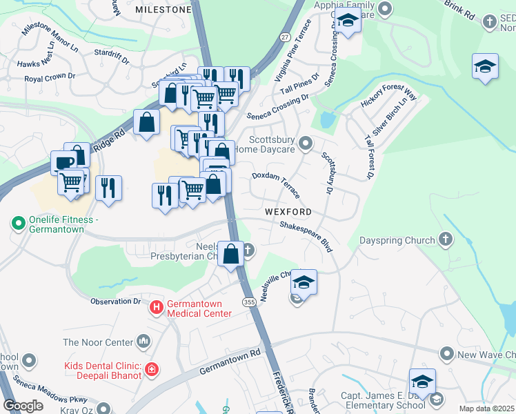 map of restaurants, bars, coffee shops, grocery stores, and more near 20828 Severndale Terrace in Germantown