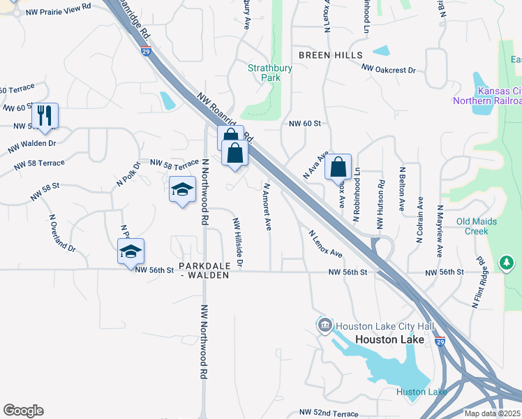map of restaurants, bars, coffee shops, grocery stores, and more near 5724 North Amoret Avenue in Kansas City