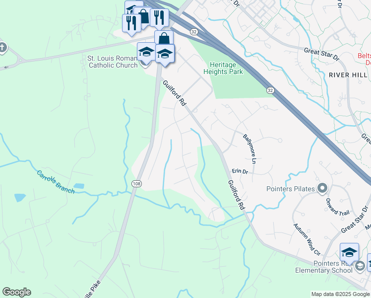 map of restaurants, bars, coffee shops, grocery stores, and more near 12571 Vincents Way in Clarksville