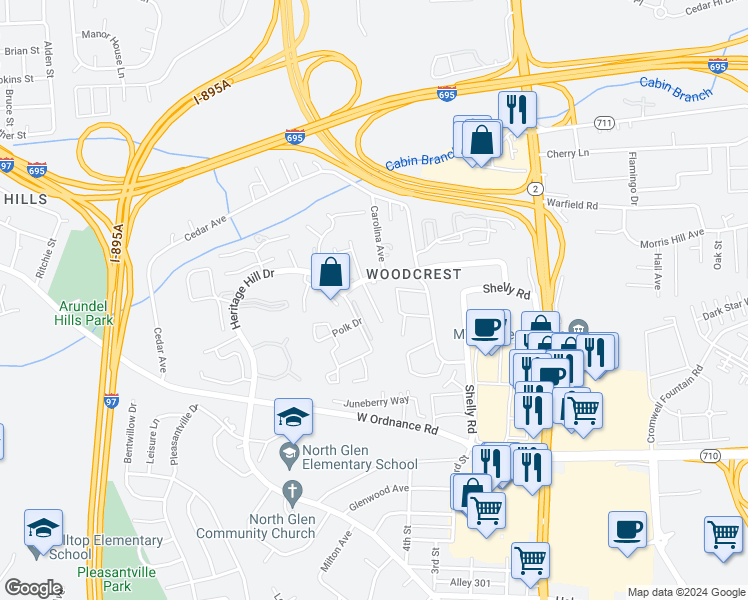 map of restaurants, bars, coffee shops, grocery stores, and more near 6445 Colonial Knoll in Glen Burnie